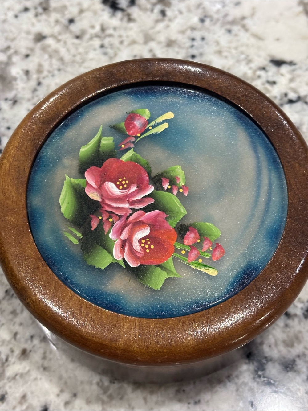 VTG Woodstones Brazil Round Wooden Trinket Box Hand Painted Agate Lid Boho